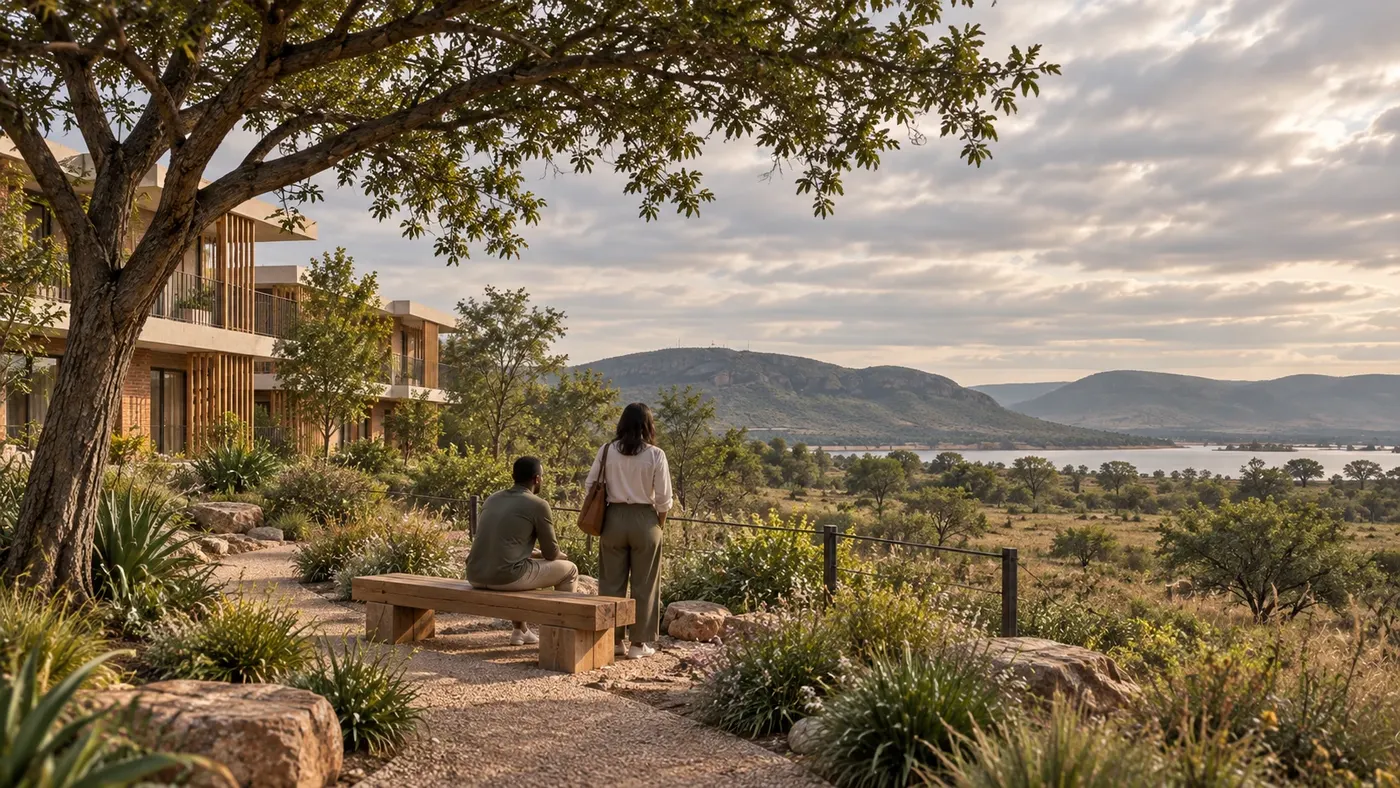 Two people on a bench under an acacia looking towards the Hartbeespoort dam (concept visual)