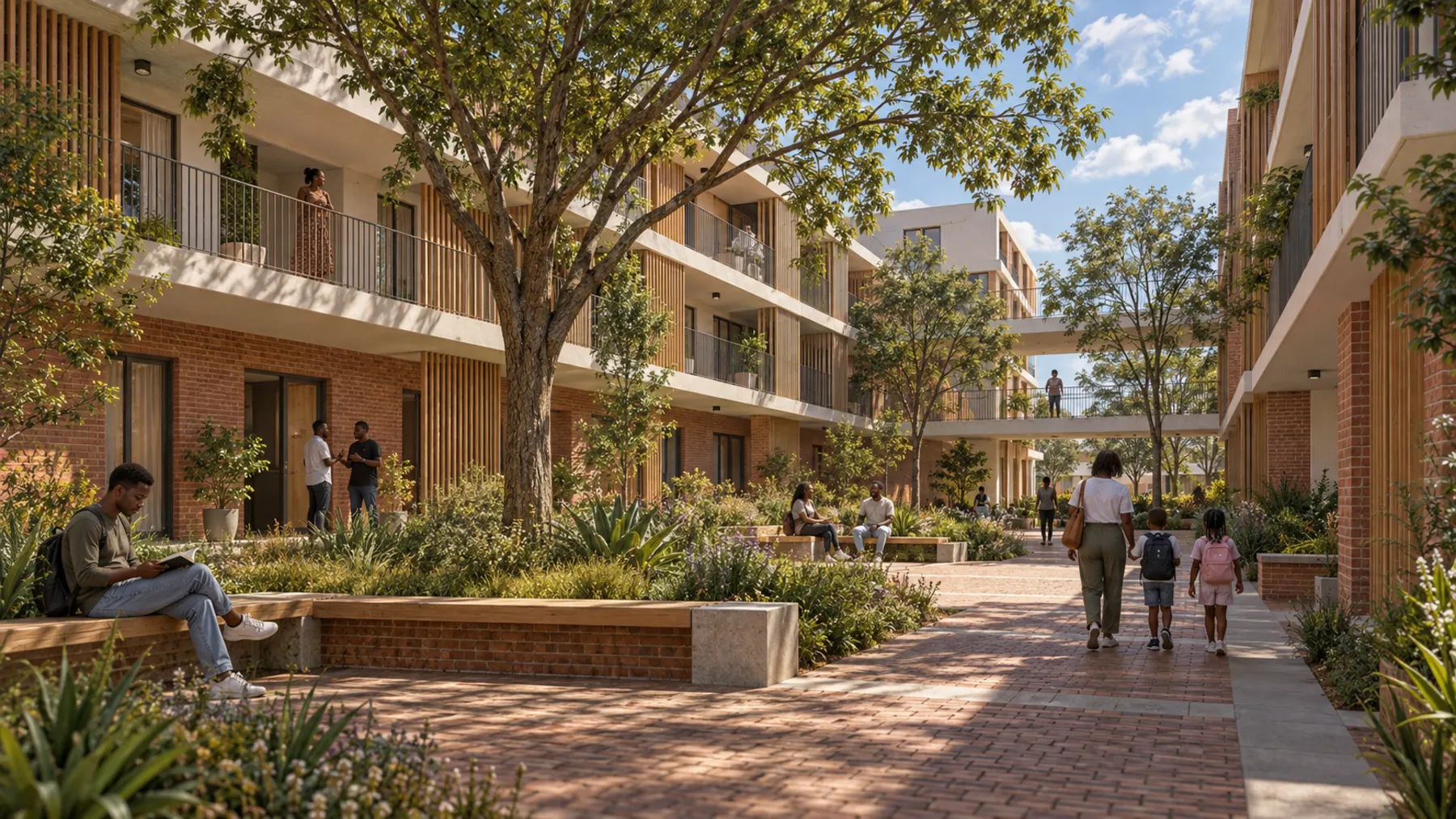 Residents in a shaded, planted courtyard between brick apartment buildings at Linbro Gardens (concept visual)