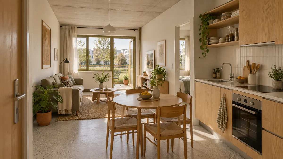 Compact apartment interior opening onto a garden (concept visual)
