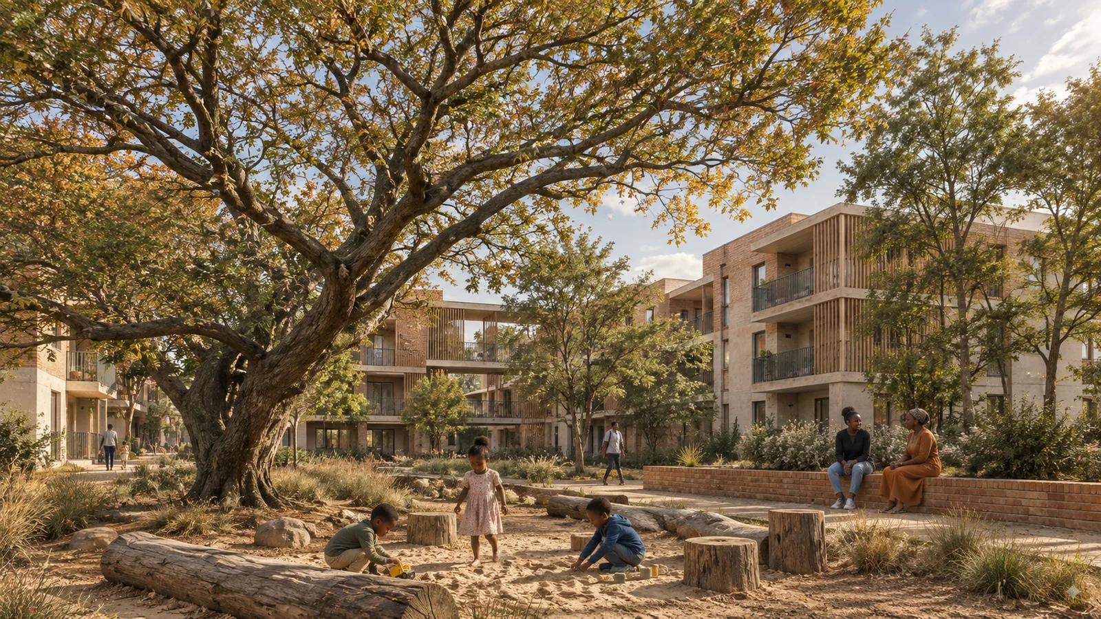 Children playing on logs under a large old tree between apartment blocks (concept visual)